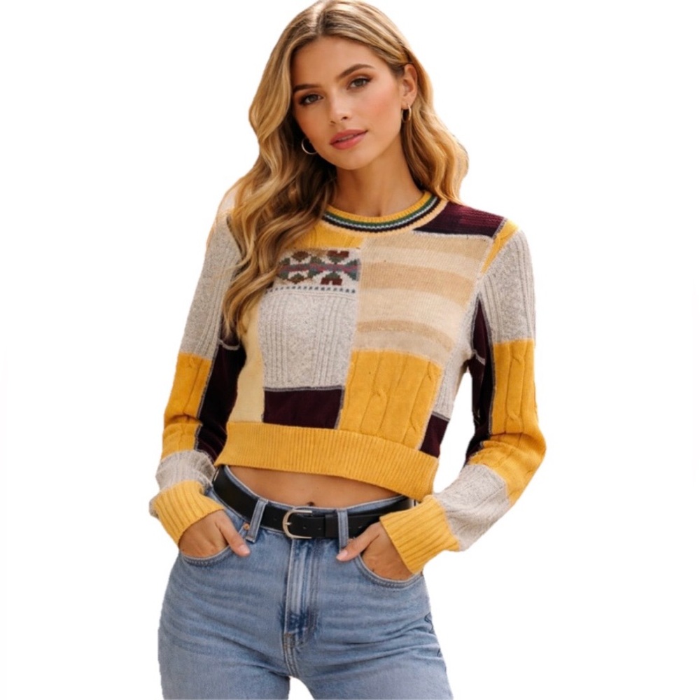 REDONE Assorted 60’s Upcycled Shrunken Women’s Yellow & Brown Sweater Size XS